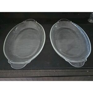 Vintage Clear Glass Ribbed Serving Dishes Set of 2 Platter Tray‎ with Handles